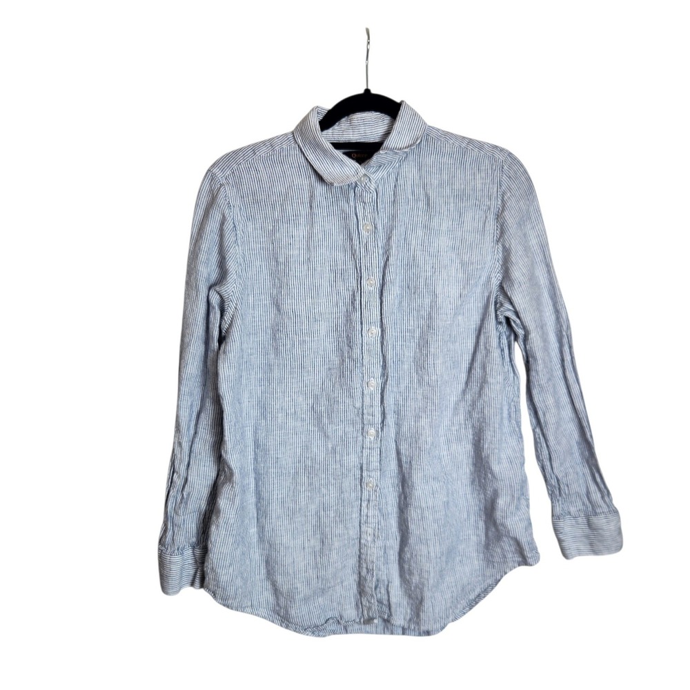 Quince Womens Blue White Pinstripe 100% Premium European Linen Shirt Size M